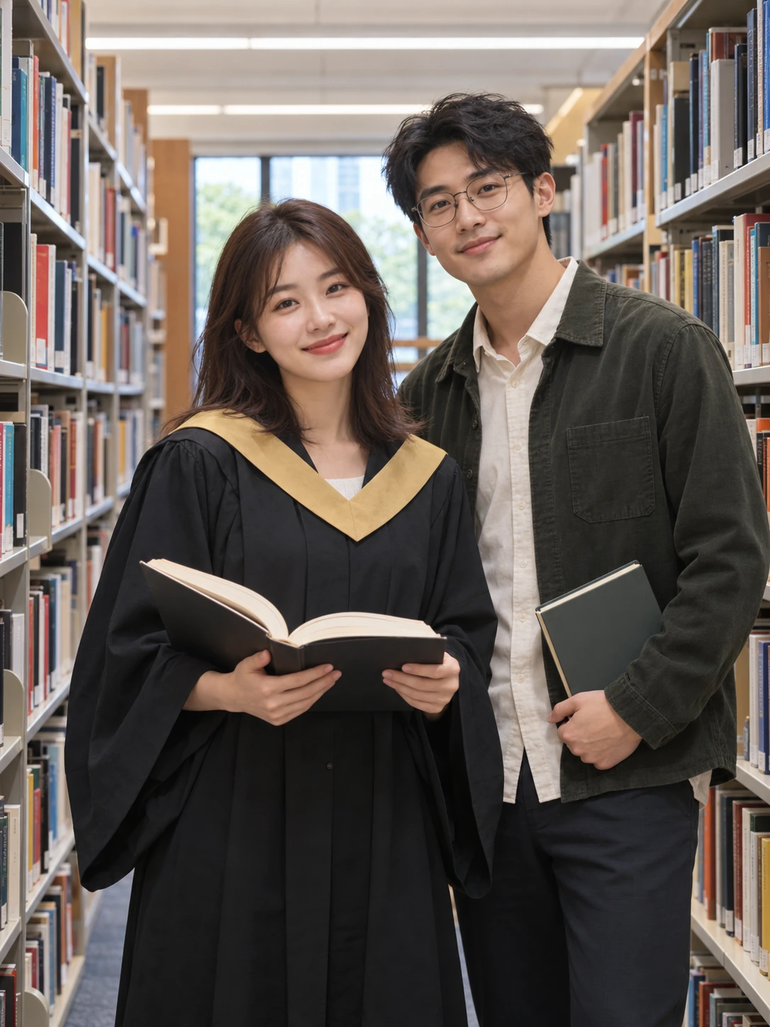 圖書館內手持書本的兩位成年人
